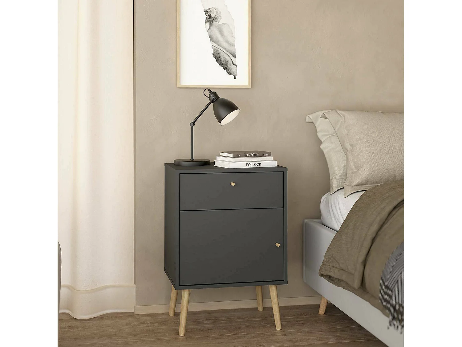 Mesa de cabeceira Dsal, Cómoda baixa, Mesa de cabeceira, Prateleira de cama, 50x39 h72 cm, Cinza