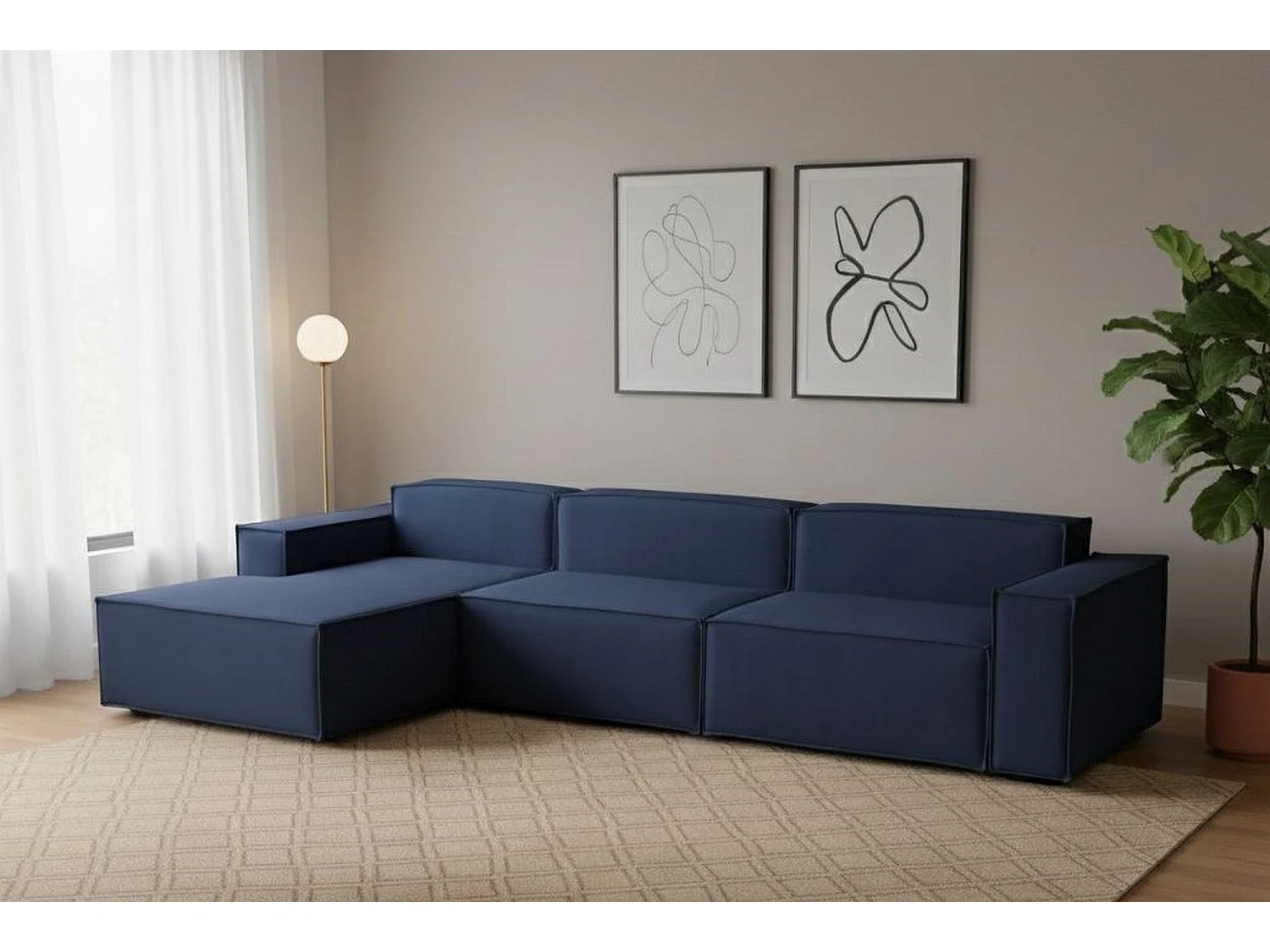 Canapé fixe Licia, canapé modulable 4 places avec péninsule gauche, 100% Made in Italy, Canapé moderne en tissu, 340x170h70 cm, Bleu