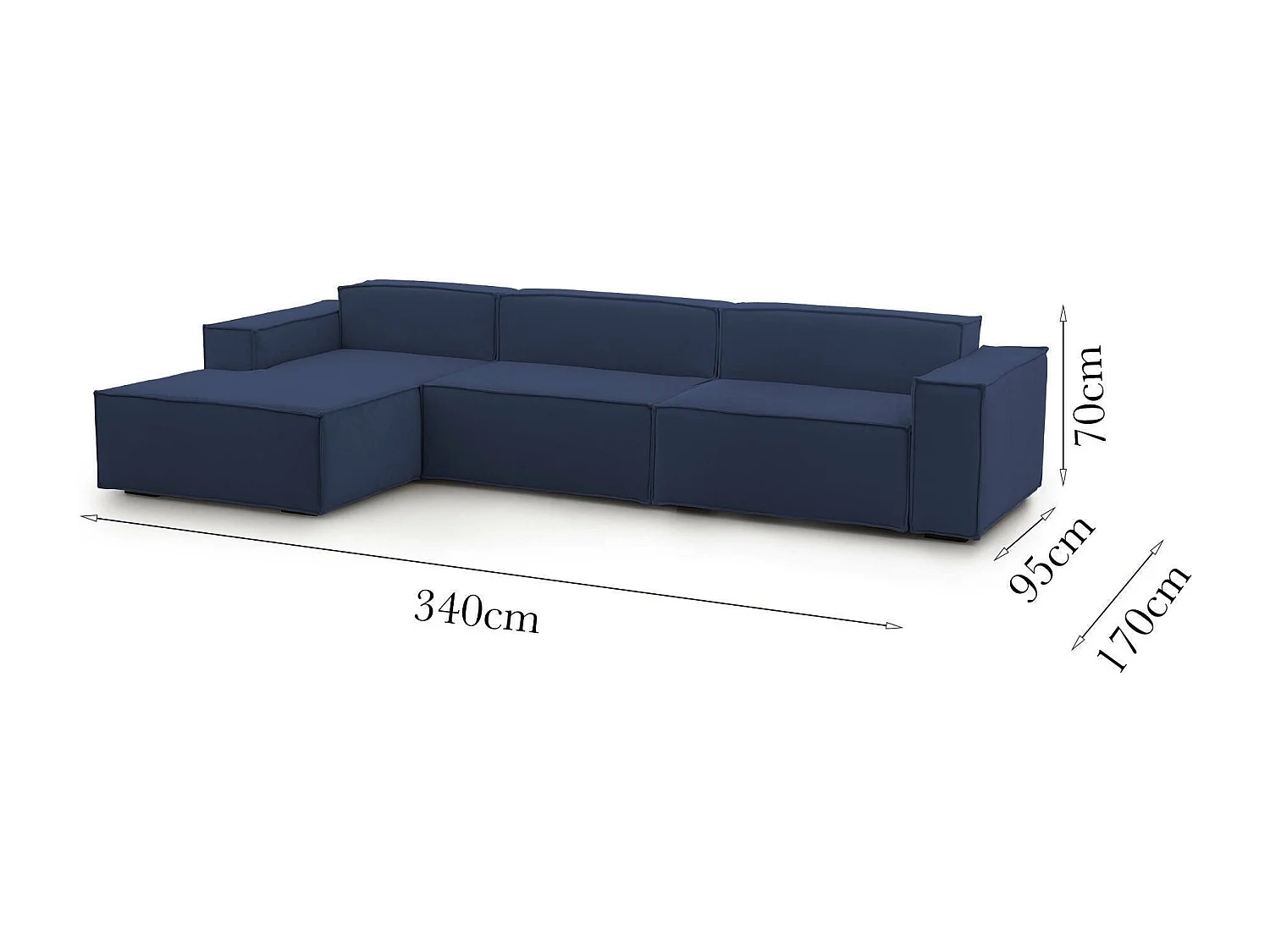 Divano fisso Licia, Divano componibile a 4 posti con penisola sinistra, 100% Made in Italy, Sofà moderno in tessuto, Cm 340x170h70, Blu