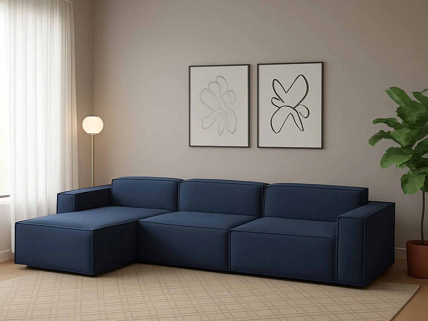 Divano fisso Licia, Divano componibile a 4 posti con penisola sinistra, 100% Made in Italy, Sofà moderno in tessuto, Cm 340x170h70, Blu