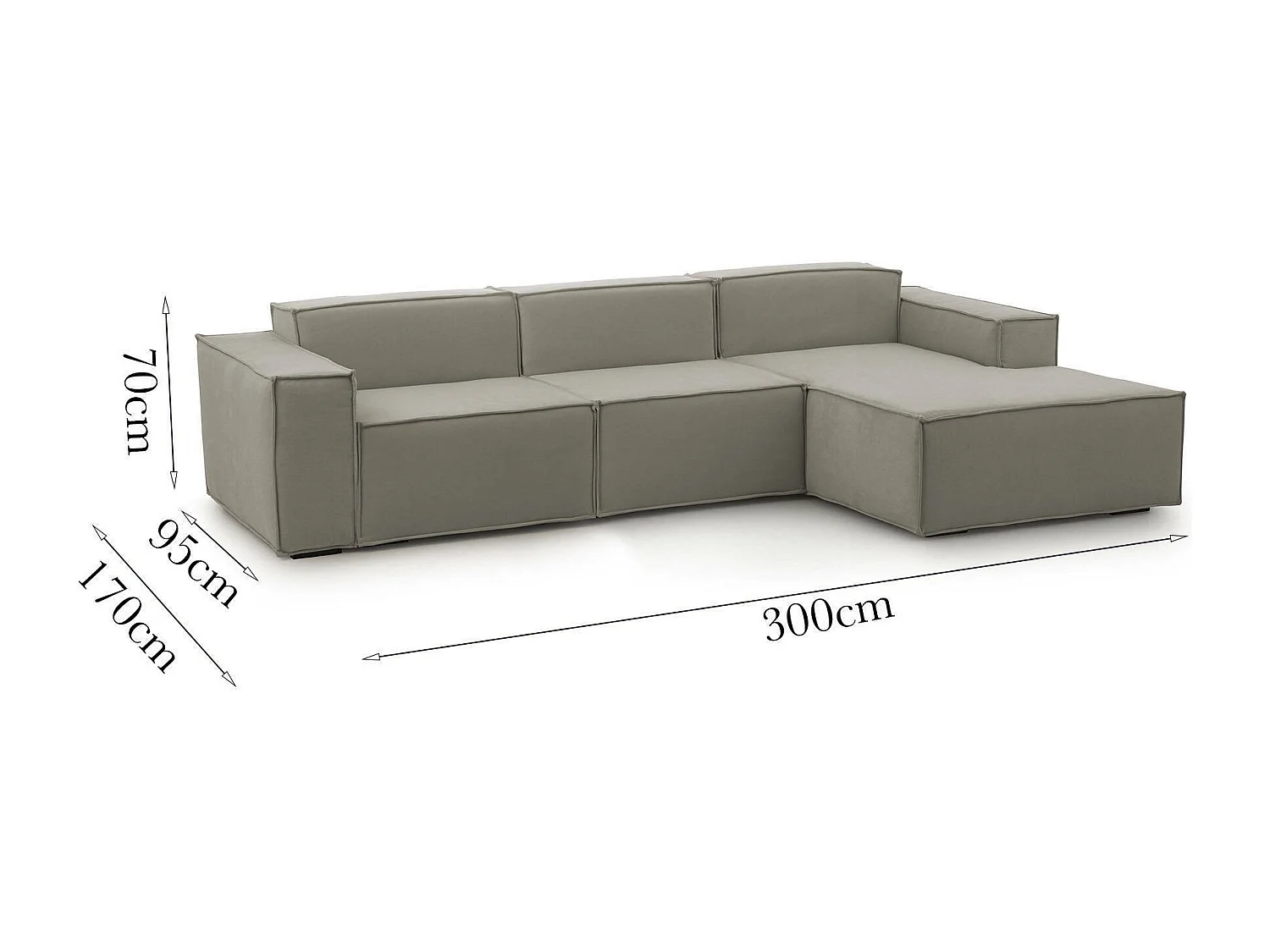 Festes Sofa Ddzek, Modulares 3-Sitzer-Sofa mit rechter Halbinsel, 100% Made in Italy, Modernes Sofa aus Stoff, Cm 300x170h70, Turteltaube
