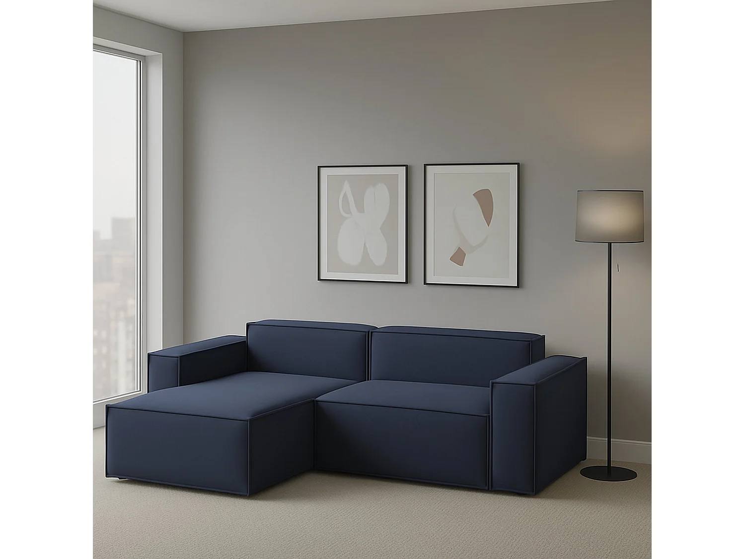 Sofá fixo Dcagnan, Sofá modular grande de 2 lugares com península esquerda, 100% Fabricado na Itália, Sofá de tecido moderno, 240x170h70 cm, Azul