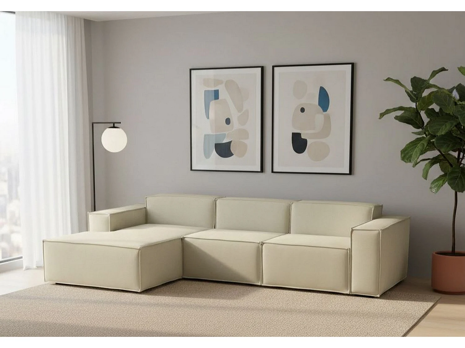 Dflori vaste bank, 3-zits modulaire bank met linkerschiereiland, 100% Made in Italy, Moderne stoffen bank, 300x170h70 cm, Beige