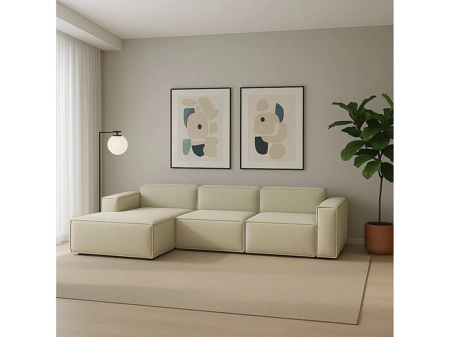 Sofá fijo Dflori, Sofá modular 3 plazas península izquierda, 100% Made in Italy, Sofá moderno en tela, Cm 300x170h70, Beige