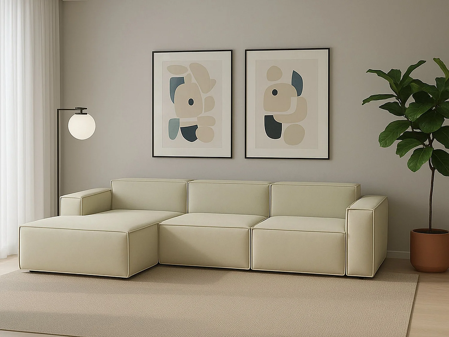 Canapé fixe Dflori, canapé modulable 3 places avec péninsule gauche, 100% Made in Italy, Canapé moderne en tissu, 300x170h70 cm, Beige