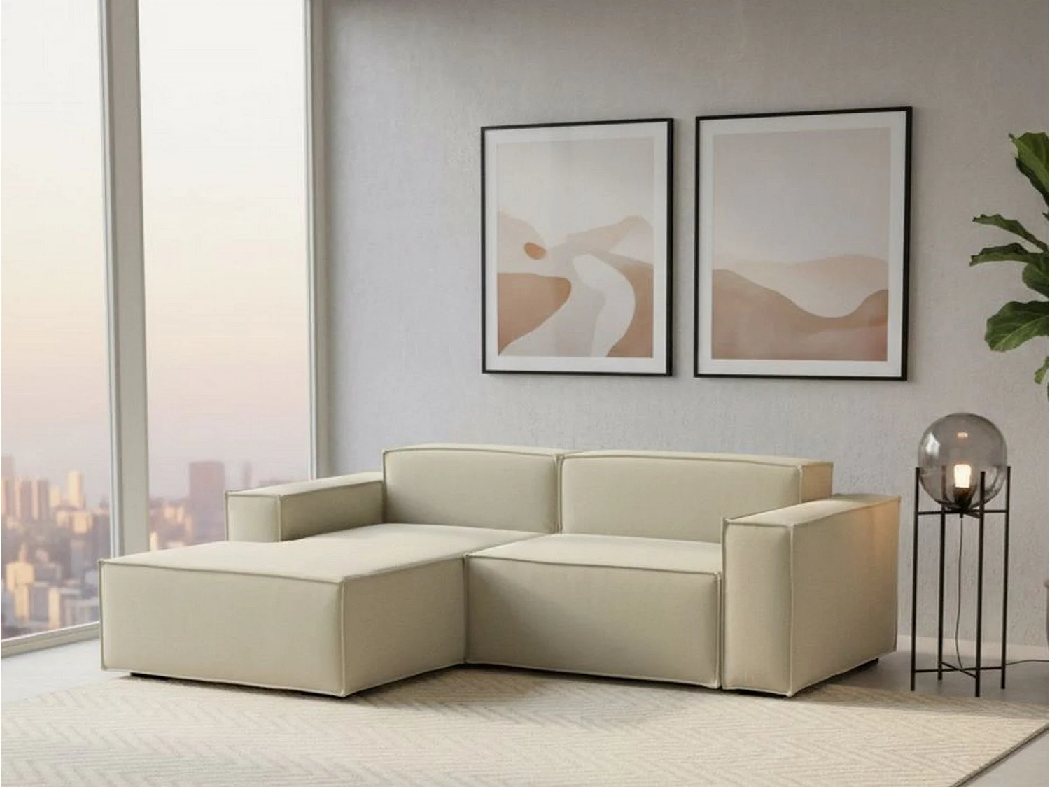 Canapé fixe Dcagnan, Grand canapé modulable 2 places avec péninsule gauche, 100% Made in Italy, Canapé moderne en tissu, 240x170h70 cm, Beige