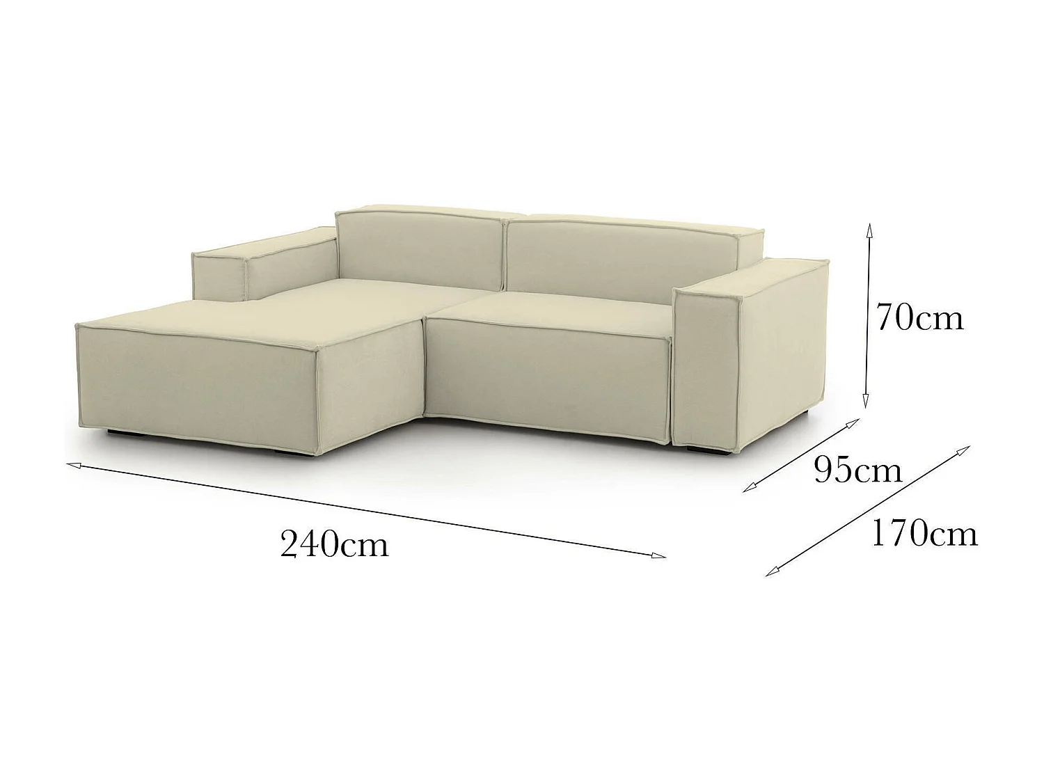 Canapé fixe Dcagnan, Grand canapé modulable 2 places avec péninsule gauche, 100% Made in Italy, Canapé moderne en tissu, 240x170h70 cm, Beige
