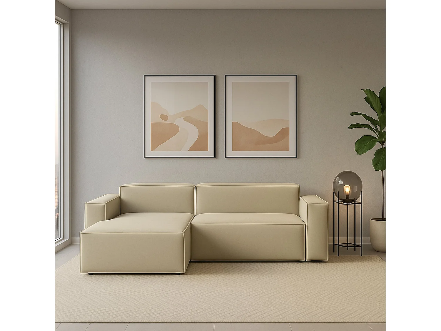 Sofá fixo Dcagnan, Sofá modular grande de 2 lugares com península esquerda, 100% Fabricado na Itália, Sofá de tecido moderno, 240x170h70 cm, Bege
