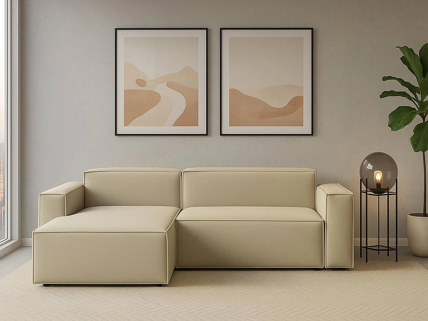 Canapé fixe Dcagnan, Grand canapé modulable 2 places avec péninsule gauche, 100% Made in Italy, Canapé moderne en tissu, 240x170h70 cm, Beige
