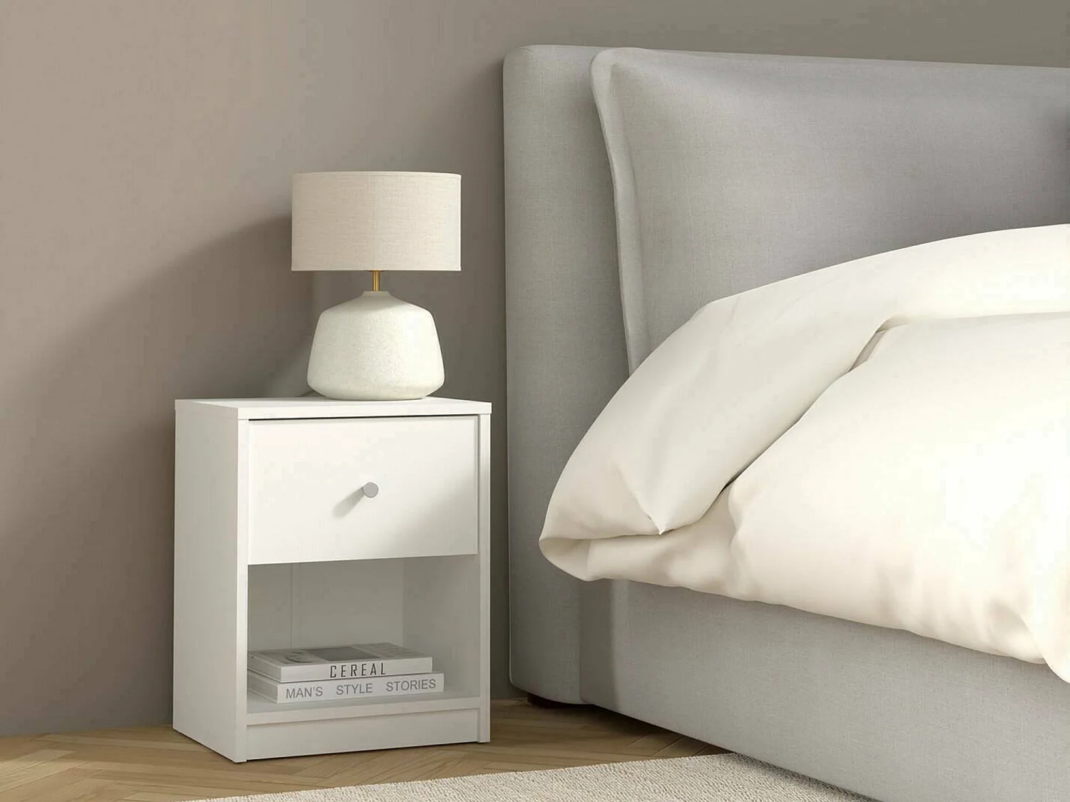 Chevet Kastri, Commode basse, Table de nuit, Étagère de chevet, 38x30 h48 cm, Blanc
