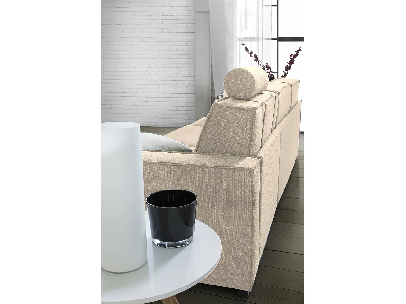 Festes Sofa Dgodea, Ecksofa, 100% Made in Italy, Sofa Wohnzimmer mit, Rechte Containerhalbinsel, mit schmalen Armlehnen, Cm 260x95h90, Beige