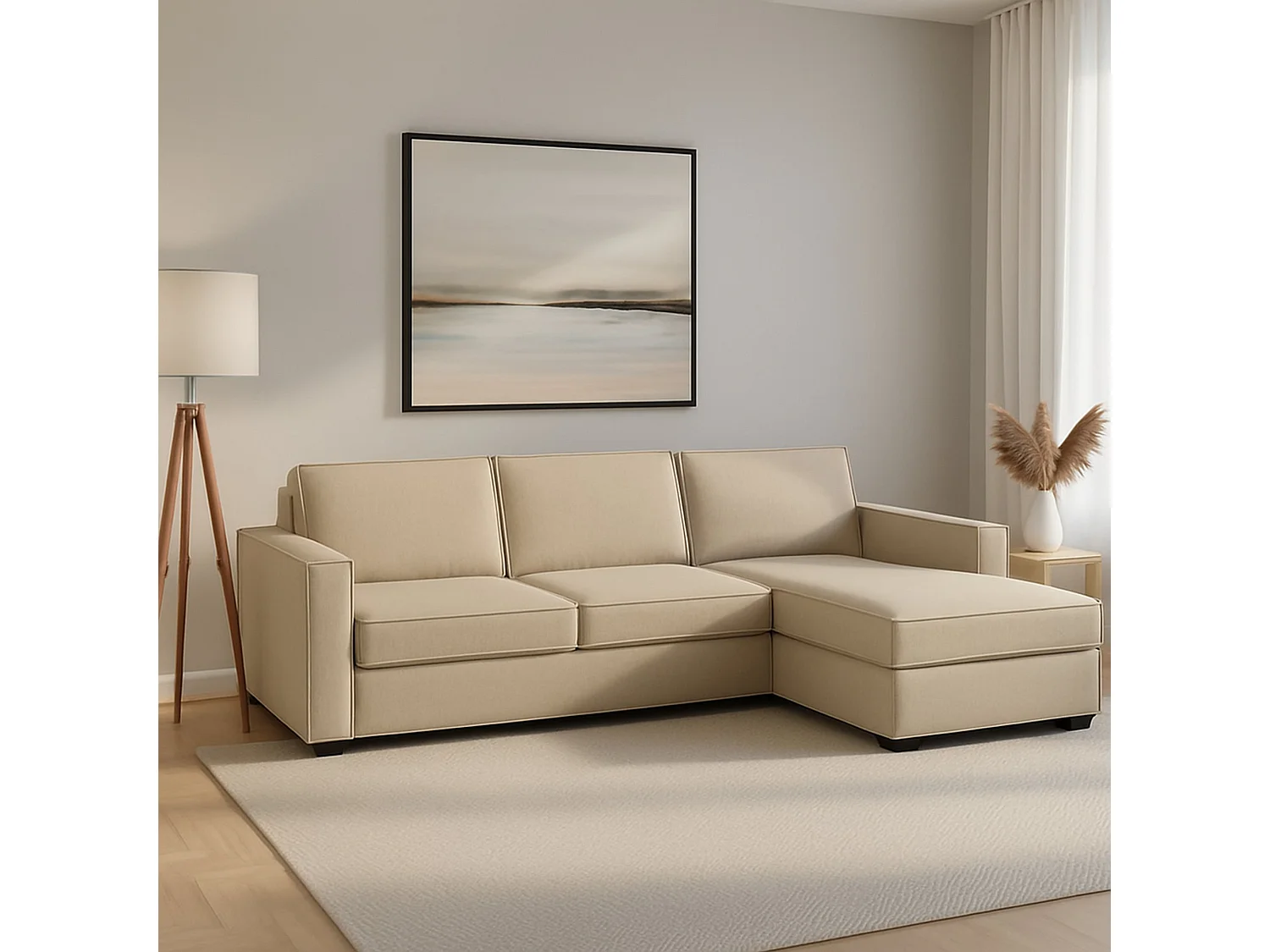 Canapé fixe Dgodea, Canapé d'angle, 100% Made in Italy, Canapé de salon avec, Péninsule conteneur droite, avec accoudoirs fins, Cm 260x95h90, Beige