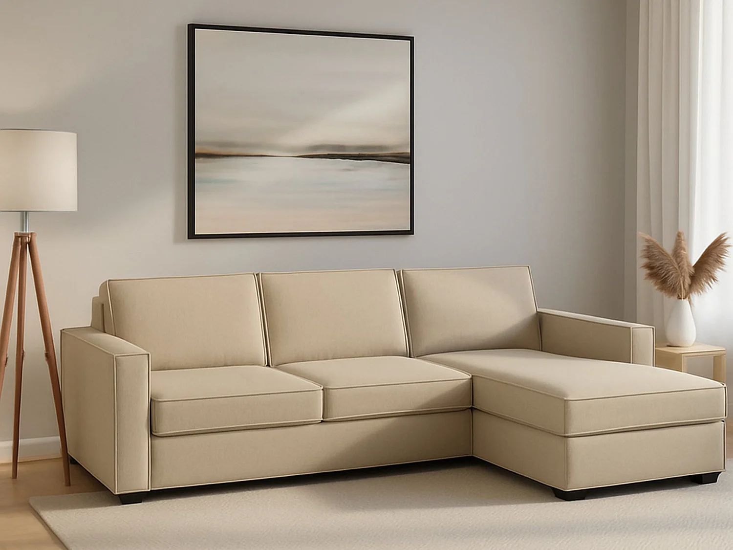 Canapé fixe Dgodea, Canapé d'angle, 100% Made in Italy, Canapé de salon avec, Péninsule conteneur droite, avec accoudoirs fins, Cm 260x95h90, Beige