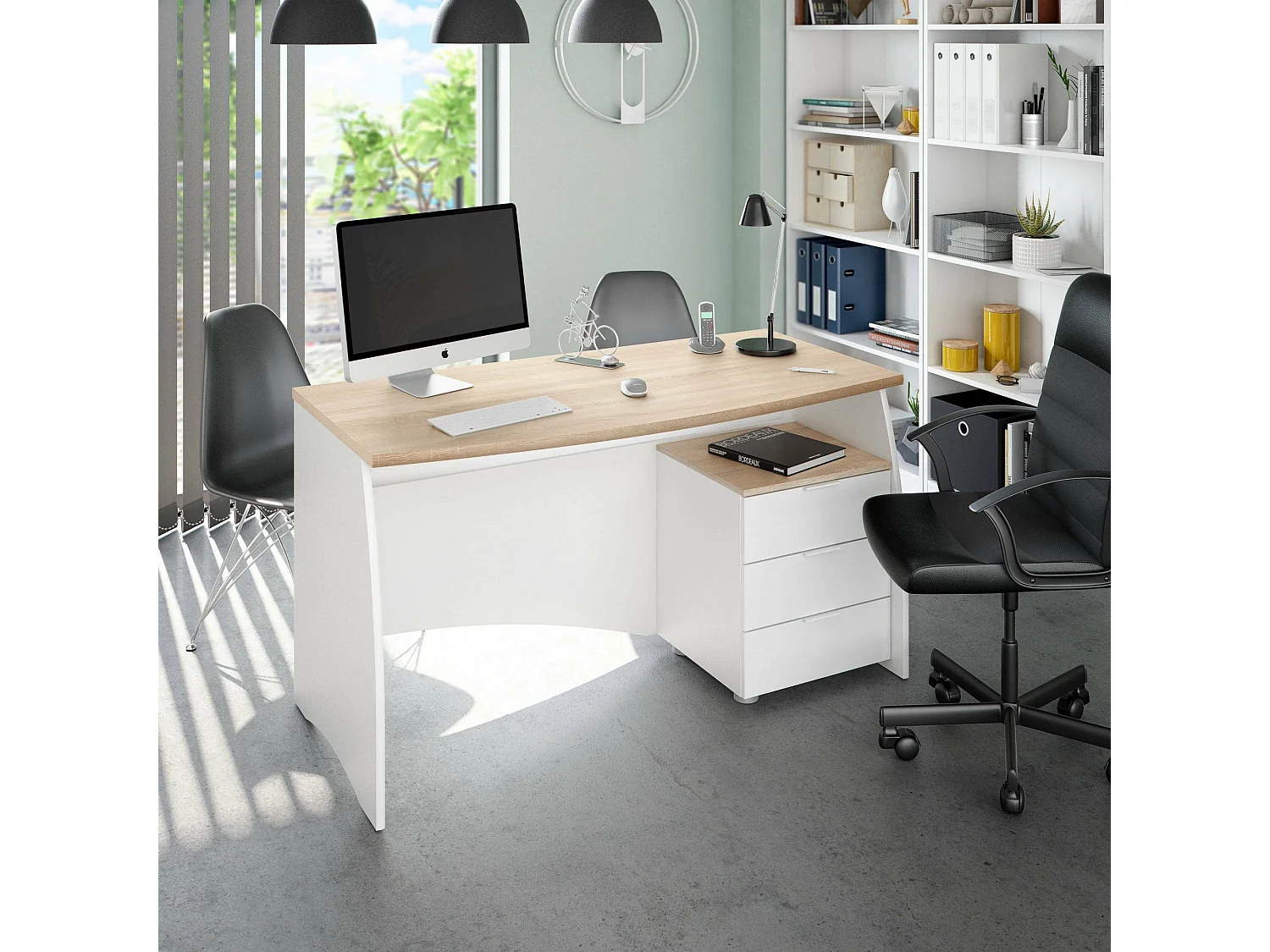 Davell Desk, Bureau, Table d'étude PC avec 3 tiroirs, 136x67h74 cm, Blanc et Chêne