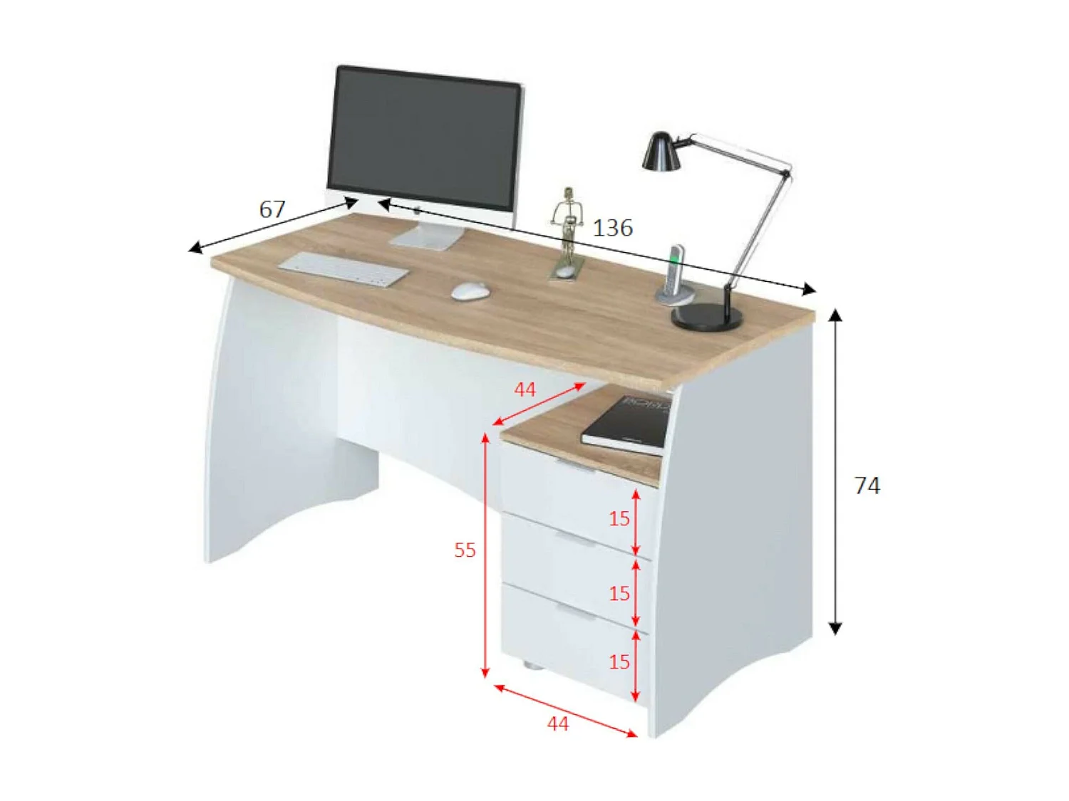 Davell Desk, Bureau, Table d'étude PC avec 3 tiroirs, 136x67h74 cm, Blanc et Chêne