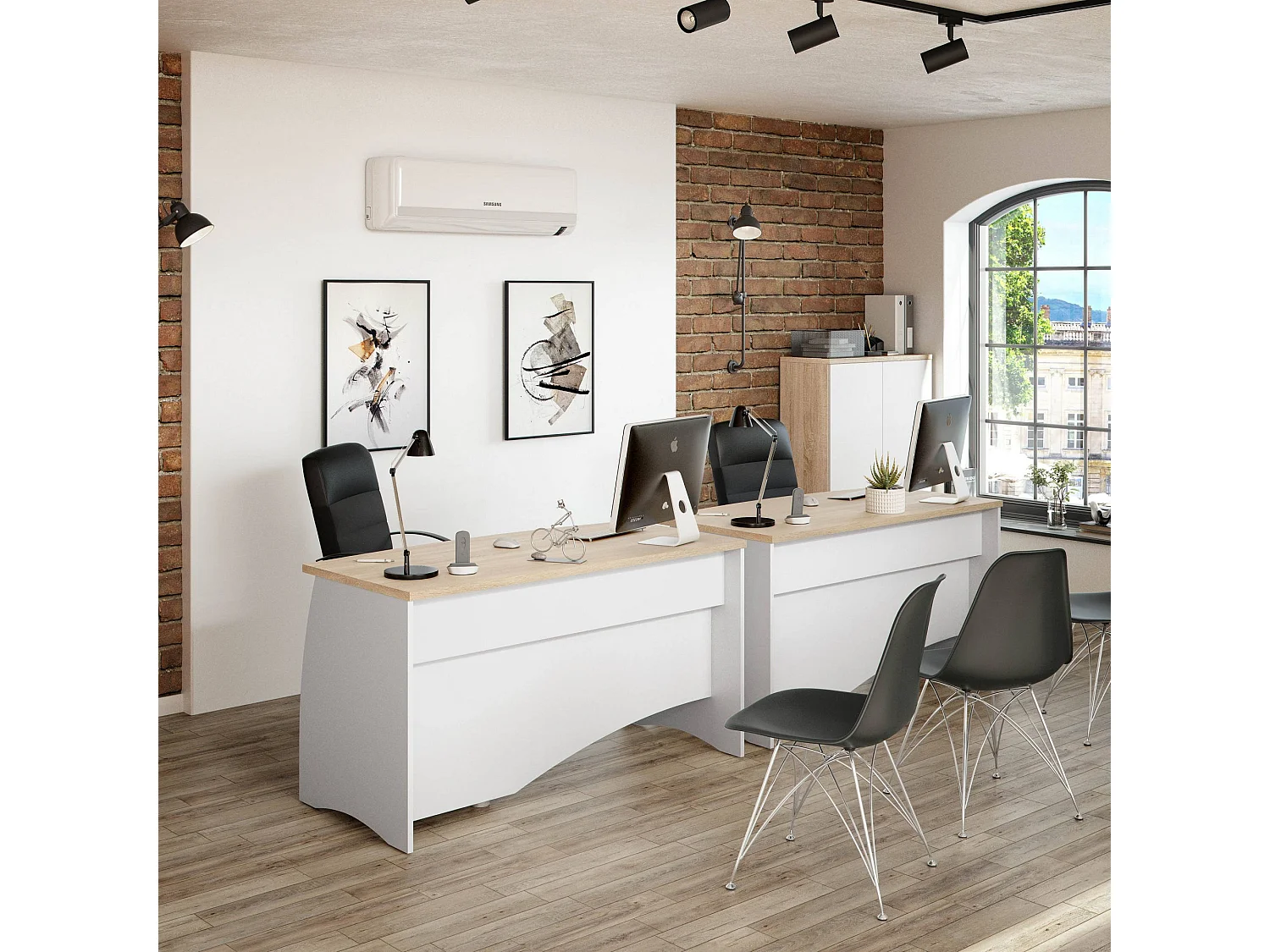 Davell Desk, Bureau, Table d'étude PC avec 3 tiroirs, 136x67h74 cm, Blanc et Chêne