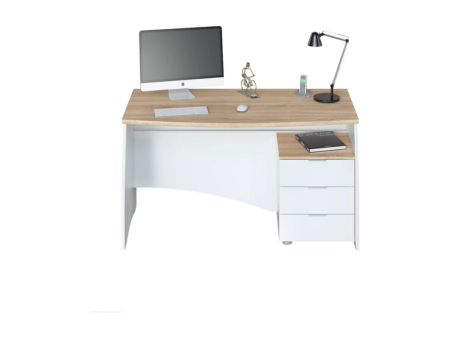 Davell Desk, Bureau, Table d'étude PC avec 3 tiroirs, 136x67h74 cm, Blanc et Chêne
