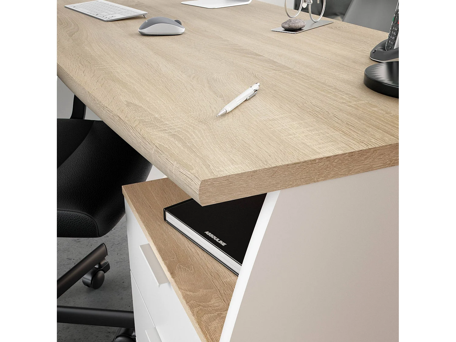 Davell Desk, Bureau, Table d'étude PC avec 3 tiroirs, 136x67h74 cm, Blanc et Chêne