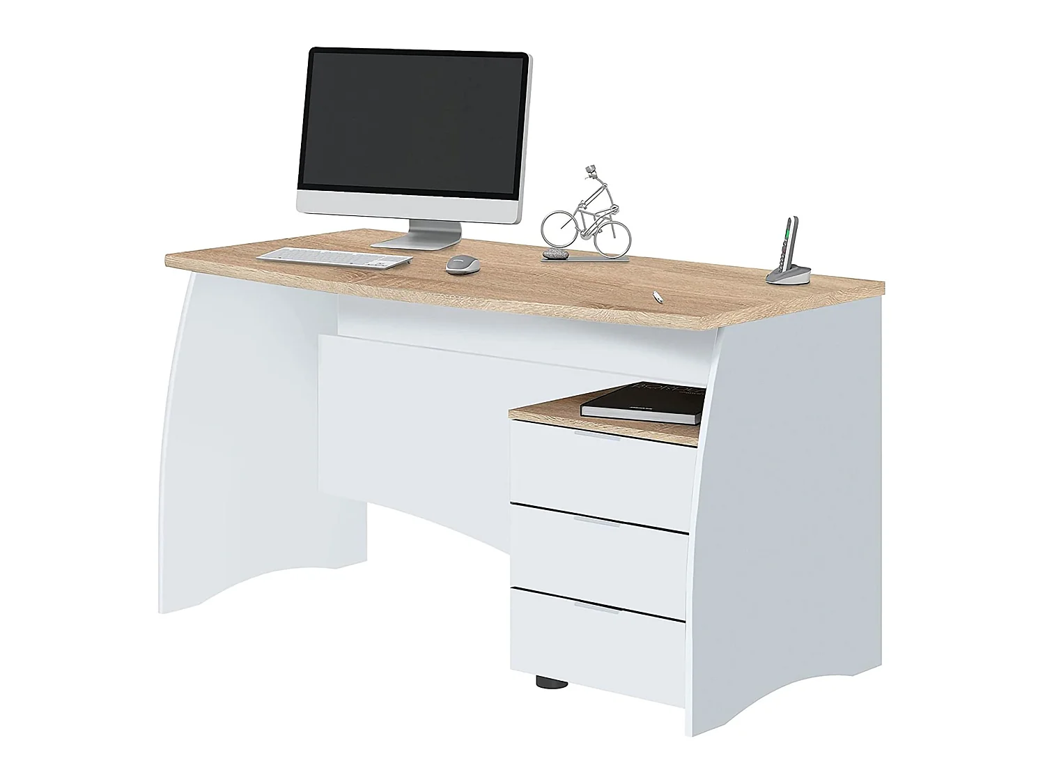 Davell Desk, Bureau, Table d'étude PC avec 3 tiroirs, 136x67h74 cm, Blanc et Chêne