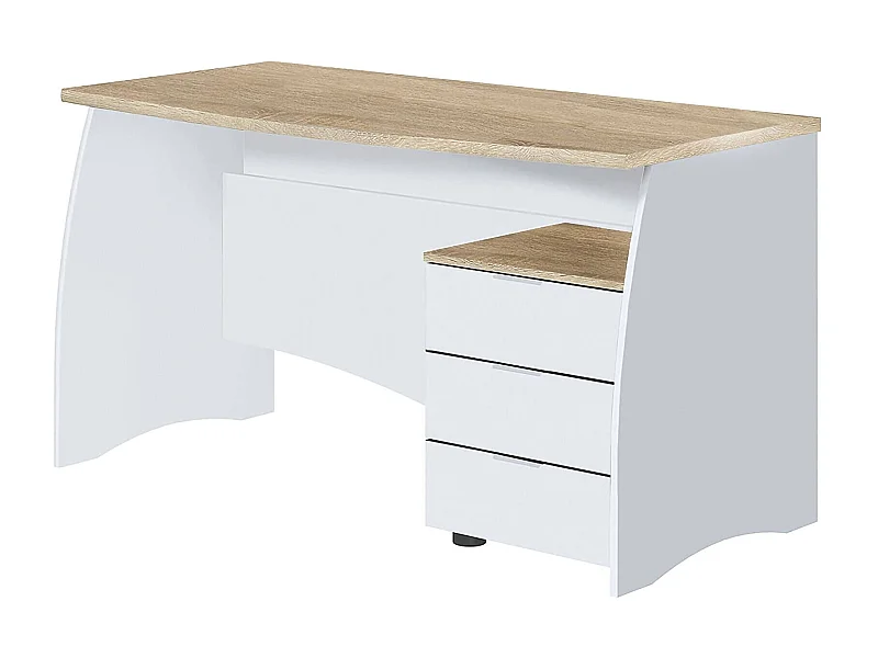 Davell Desk, Bureau, Table d'étude PC avec 3 tiroirs, 136x67h74 cm, Blanc et Chêne