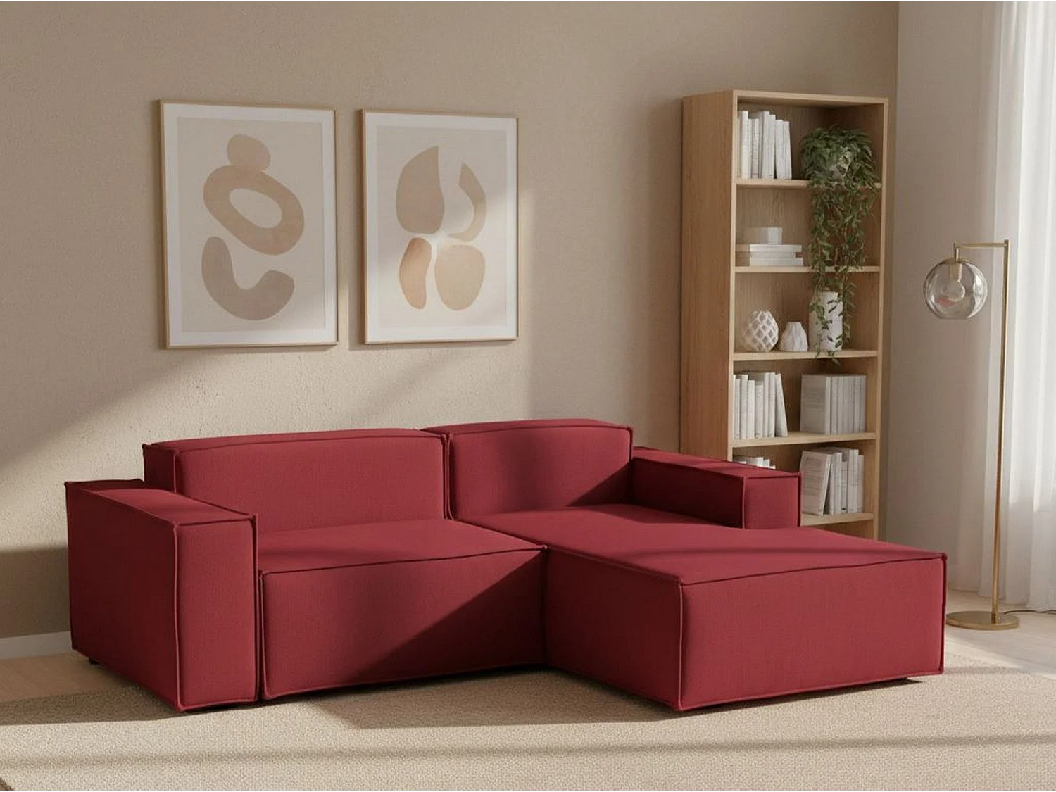 Canapé fixe Dlorenz, canapé modulable 2 places avec péninsule droite, 100% Made in Italy, Canapé moderne en tissu, 220x170h70 cm, Rouge