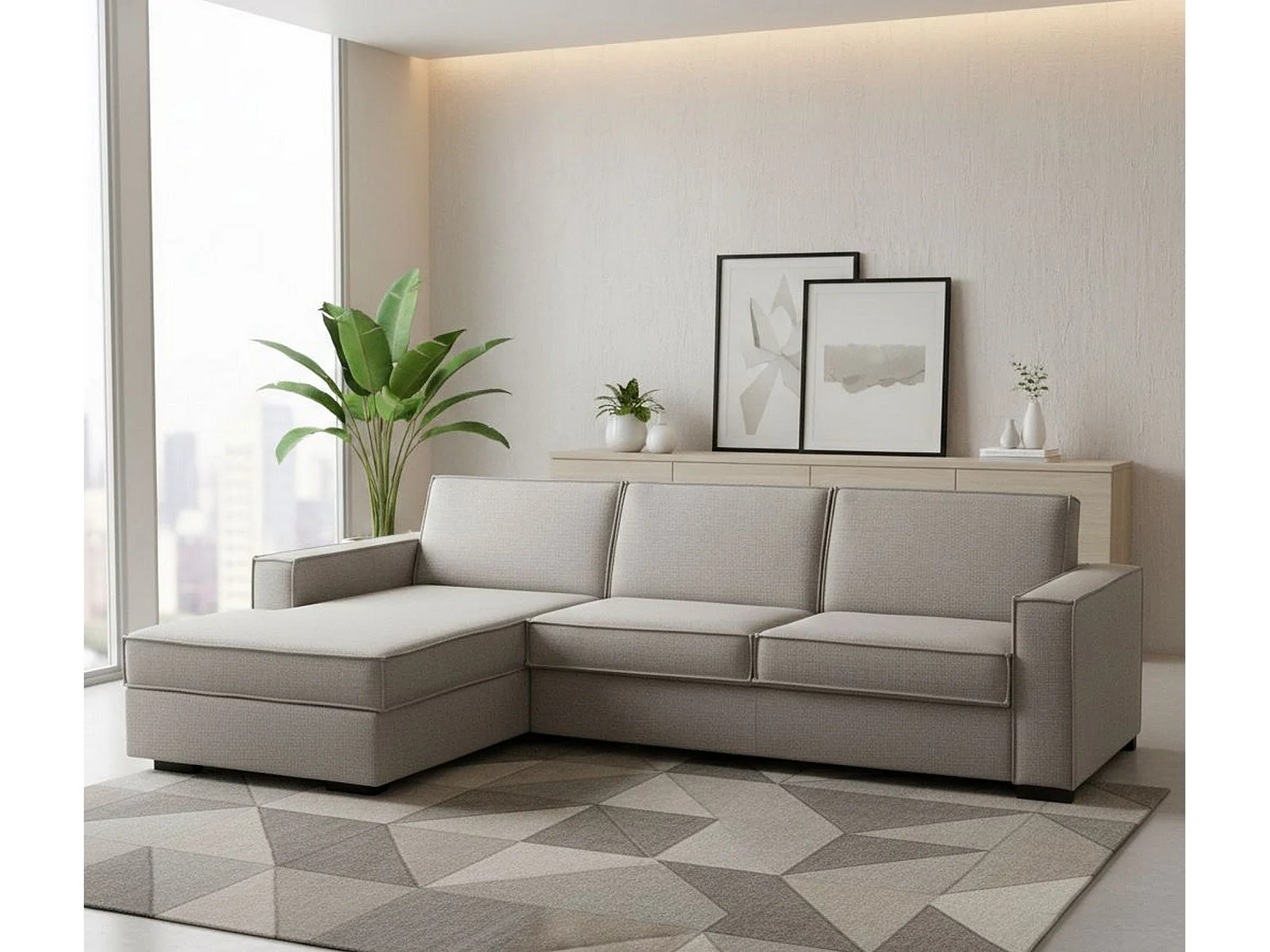 Sofá fijo Dlovis, Sofá de esquina, 100% Made in Italy, Sofá Salon con, península de contenedores Izquierda, con reposabrazos delgados, Cm 260x95h90, Tortola