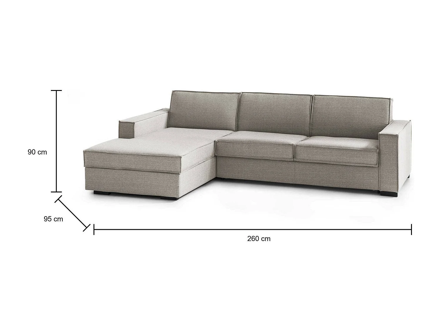 Divano Fisso con Penisola Sodalite, Sfoderabile Made in Italy, 95x260 cm Grigio Tortora\ Tortora