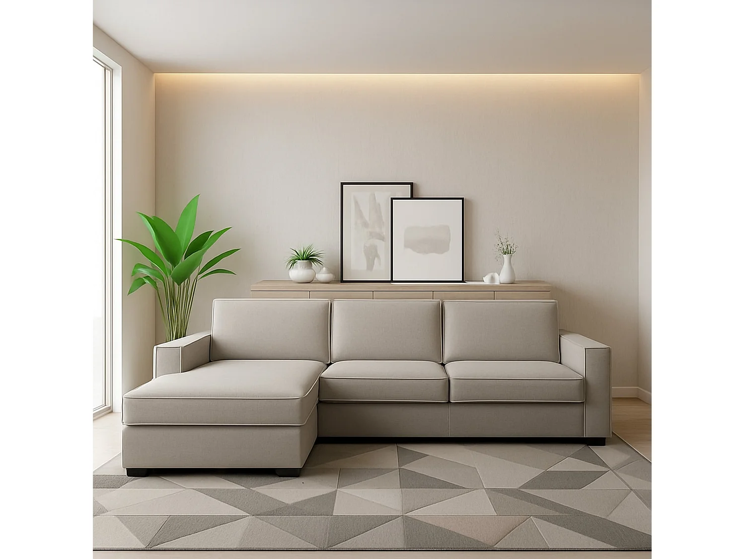 Canapé fixe Dlovis, Canapé d'angle, 100% Made in Italy, Canapé de salon avec, Péninsule conteneur gauche, avec accoudoirs fins, Cm 260x95h90, Taupe