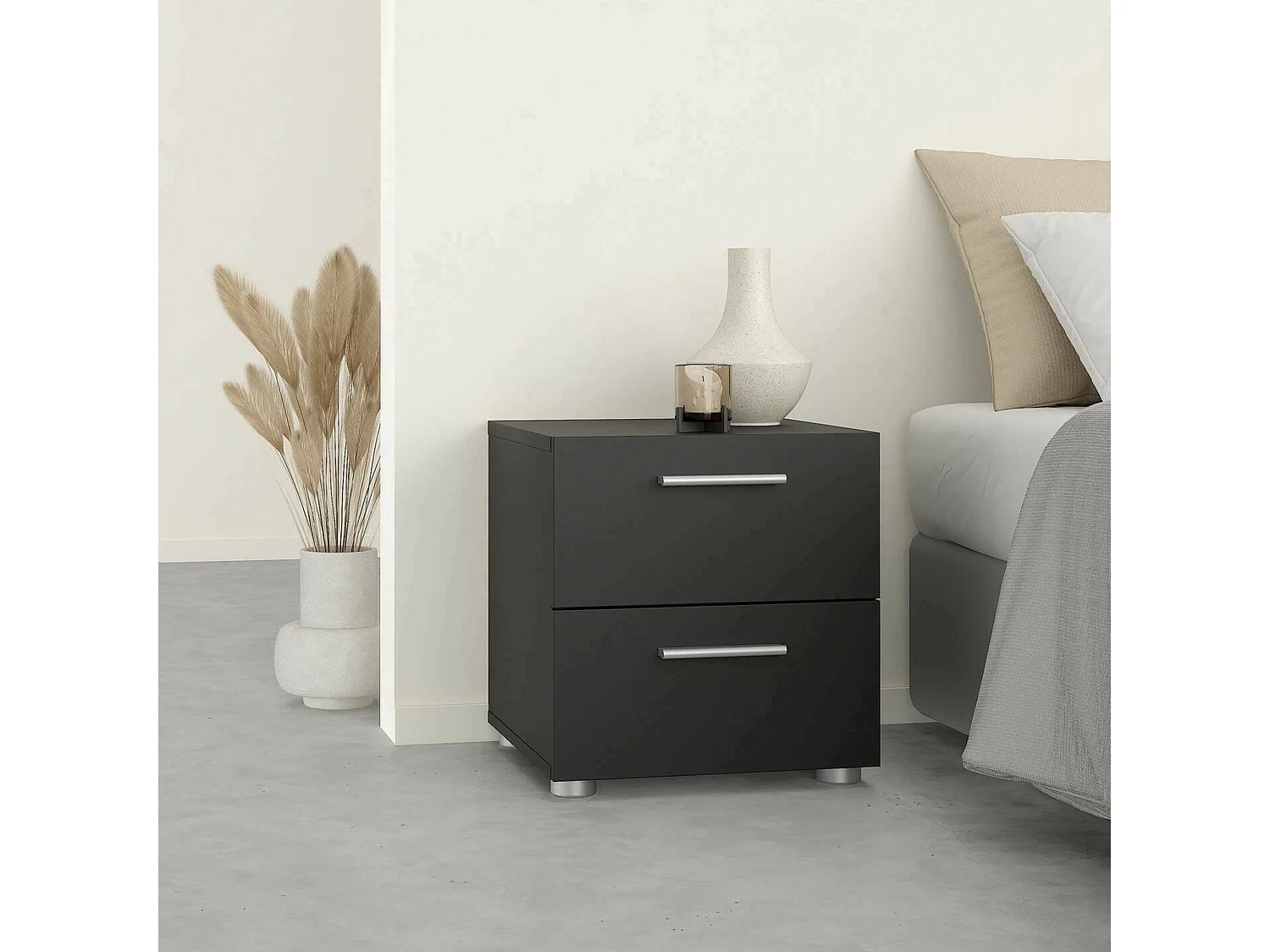Chevet Druotol, Commode basse, Table de nuit, Étagère de chevet, 40x40 h42 cm, Noir