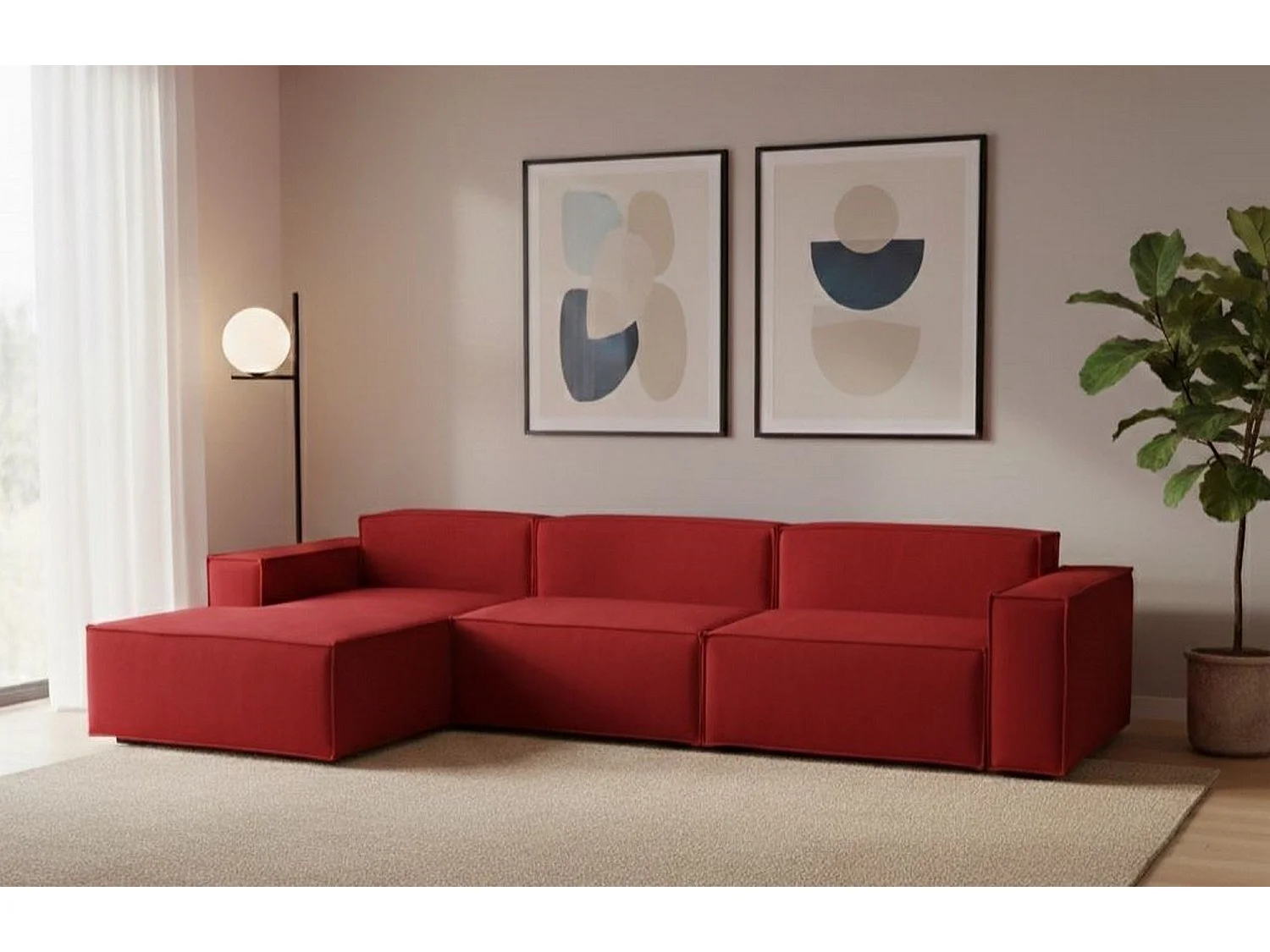 Divano Fisso con Penisola Atrillo, Sfoderabile Made in Italy, 170x340 cm Rosso