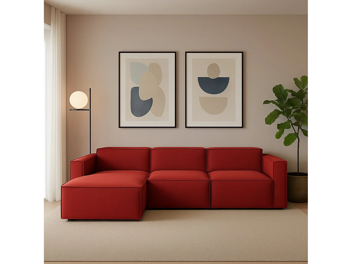 Canapé fixe Dgarzy, canapé modulable 4 places avec péninsule gauche, 100% Made in Italy, Canapé moderne en tissu, 340x170h70 cm, Rouge