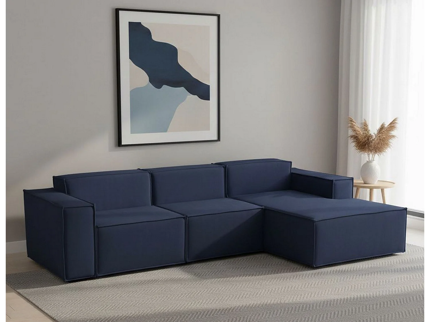 Festes Sofa Ddzek, Modulares 3-Sitzer-Sofa mit rechter Halbinsel, 100% Made in Italy, Modernes Sofa aus Stoff, Cm 300x170h70, Blau