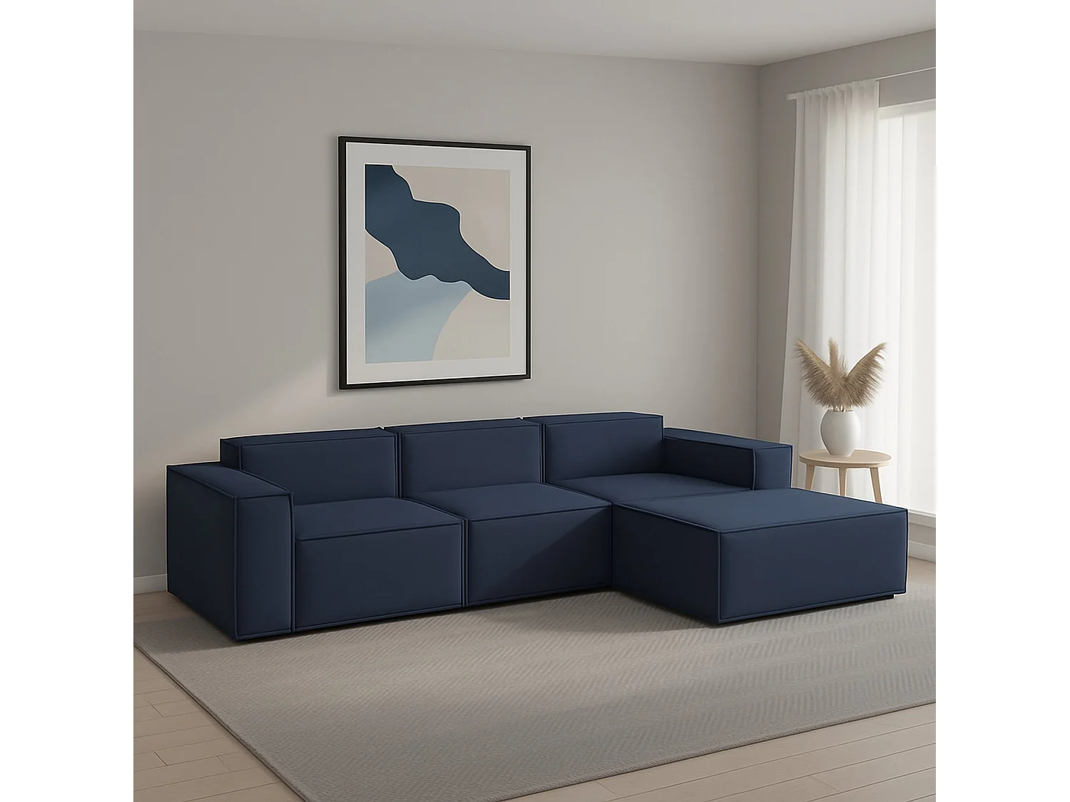 Divano Fisso con Penisola Ananas, Sfoderabile Made in Italy, 170x300 cm blu