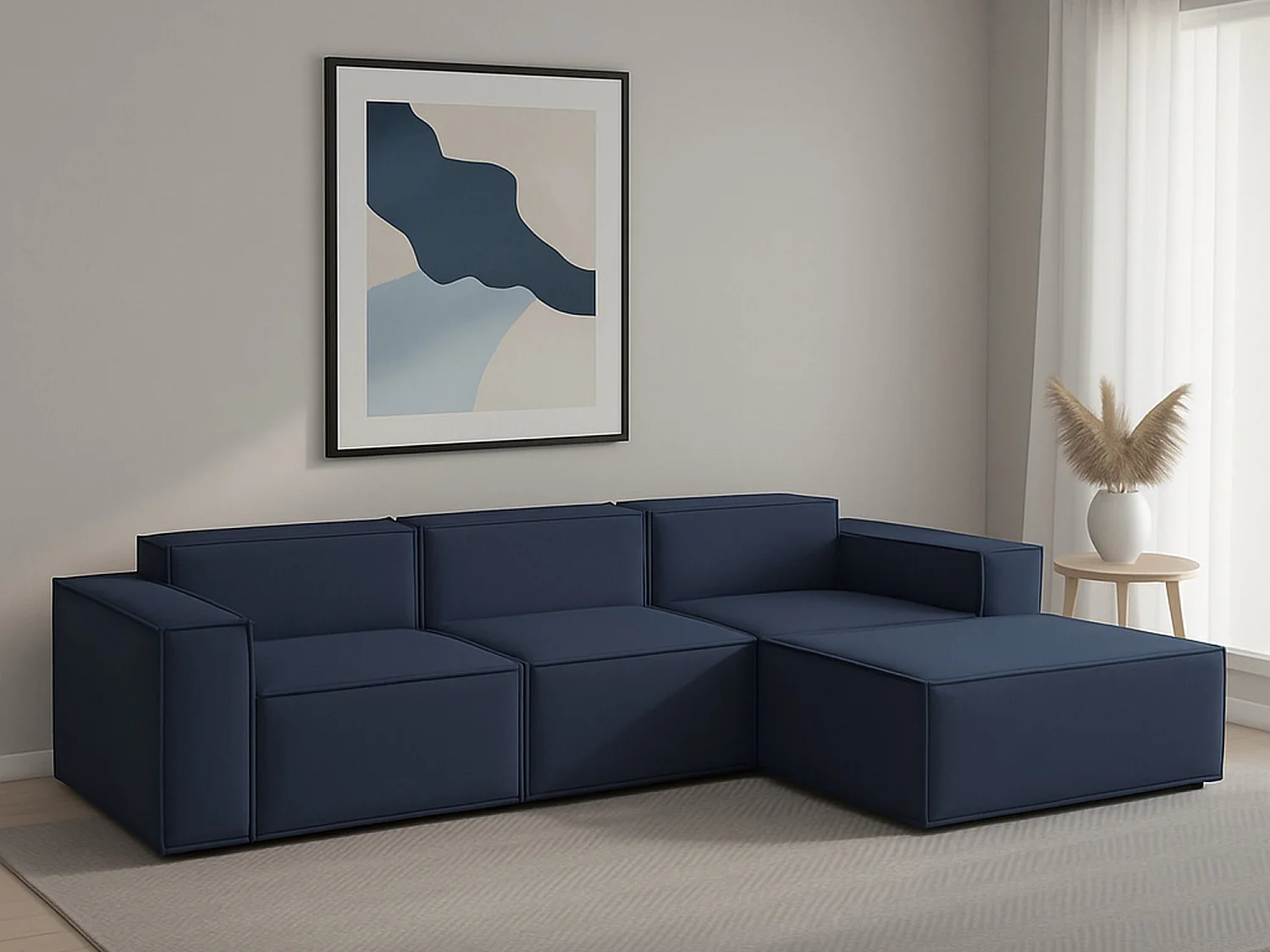Divano Fisso con Penisola Ananas, Sfoderabile Made in Italy, 170x300 cm blu