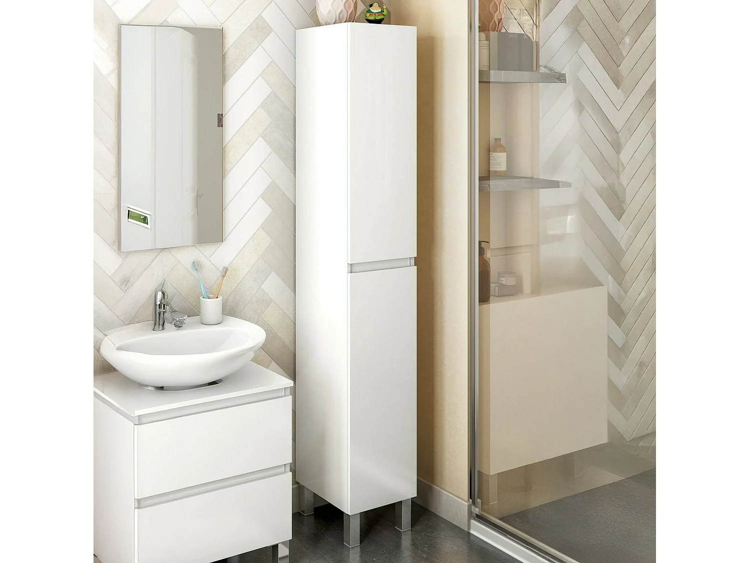 Armoire à colonnes Dzavatt, Élément mural de salle de bain, Armoire haute multifonctionnelle, Meuble polyvalente, 30x35 h182 cm, Blanc brillant