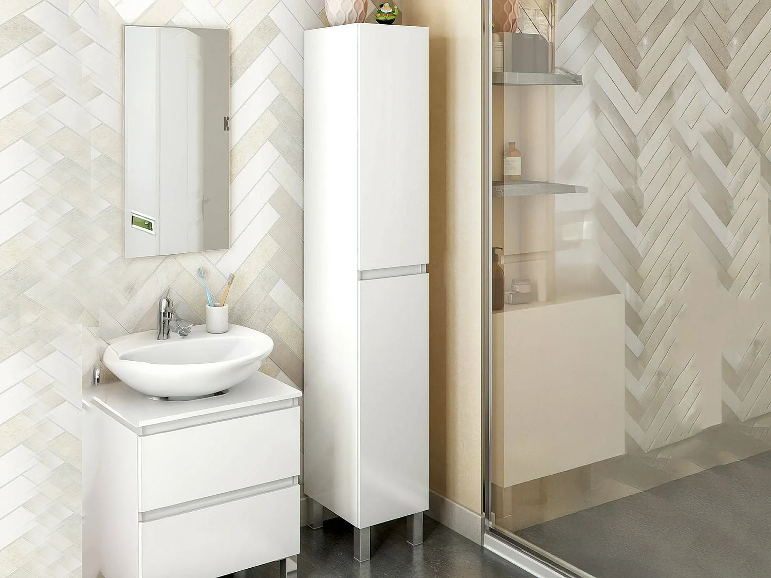 Armoire à colonnes Dzavatt, Élément mural de salle de bain, Armoire haute multifonctionnelle, Meuble polyvalente, 30x35 h182 cm, Blanc brillant