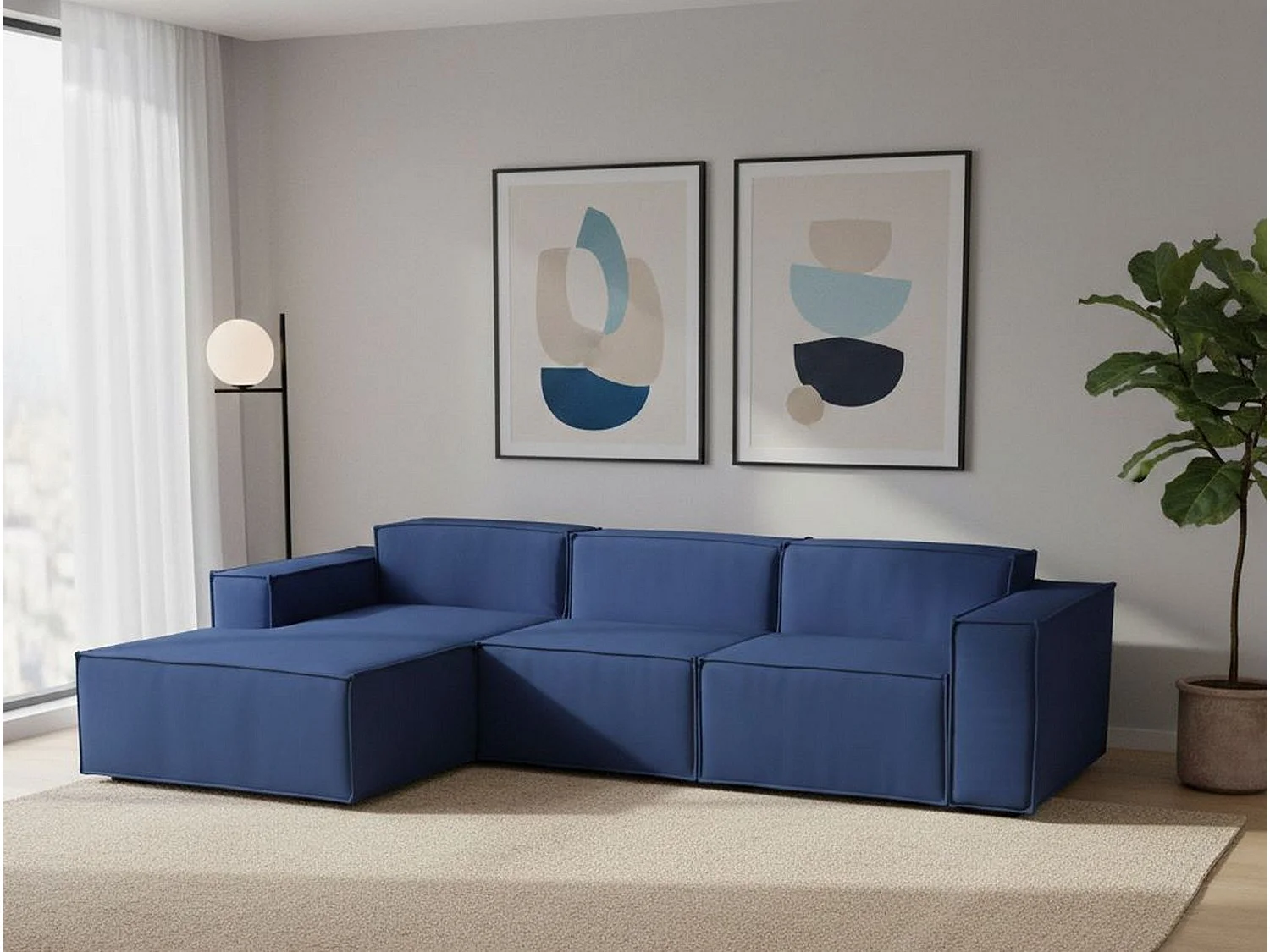 Canapé fixe Dflori, canapé modulable 3 places avec péninsule gauche, 100% Made in Italy, Canapé moderne en tissu, 300x170h70 cm, Bleu