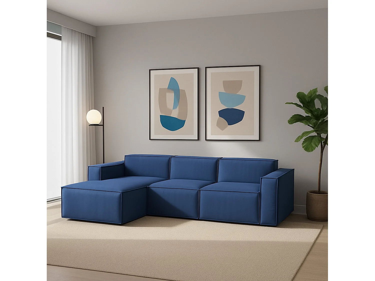 Sofá fijo Dflori, Sofá modular 3 plazas península izquierda, 100% Made in Italy, Sofá moderno en tela, Cm 300x170h70, Azul