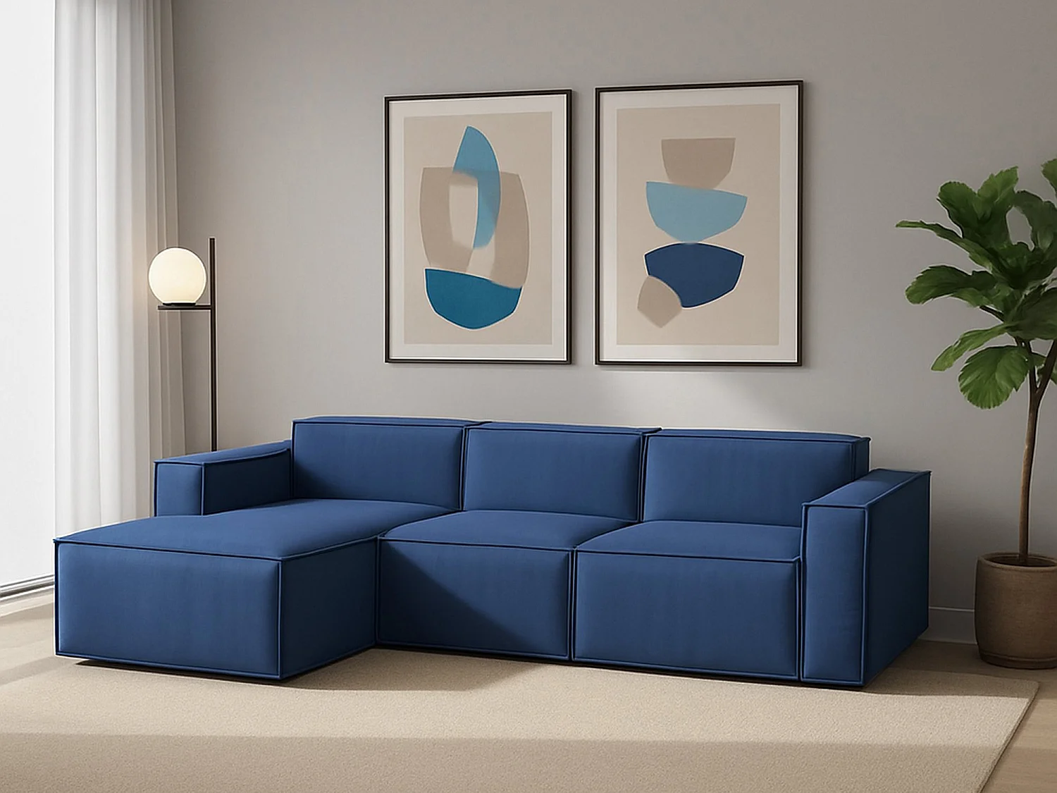Canapé fixe Dflori, canapé modulable 3 places avec péninsule gauche, 100% Made in Italy, Canapé moderne en tissu, 300x170h70 cm, Bleu