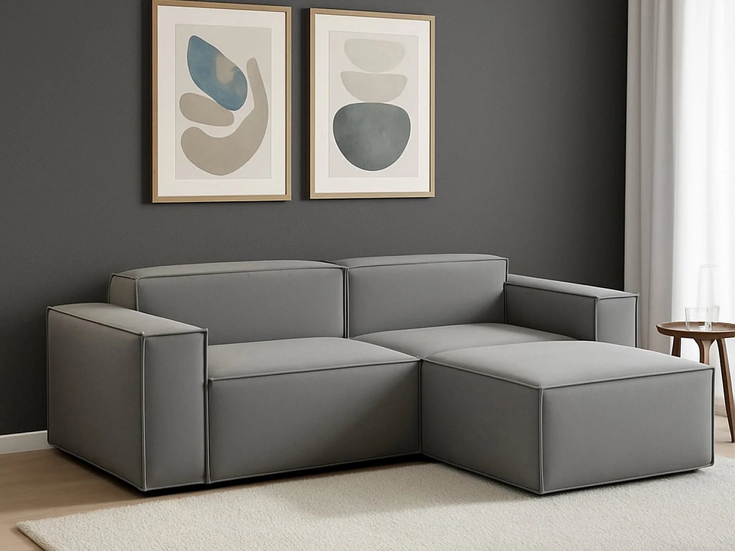 Canapé fixe Dlorenz, canapé modulable 2 places avec péninsule droite, 100% Made in Italy, Canapé moderne en tissu, 220x170h70 cm, Gris