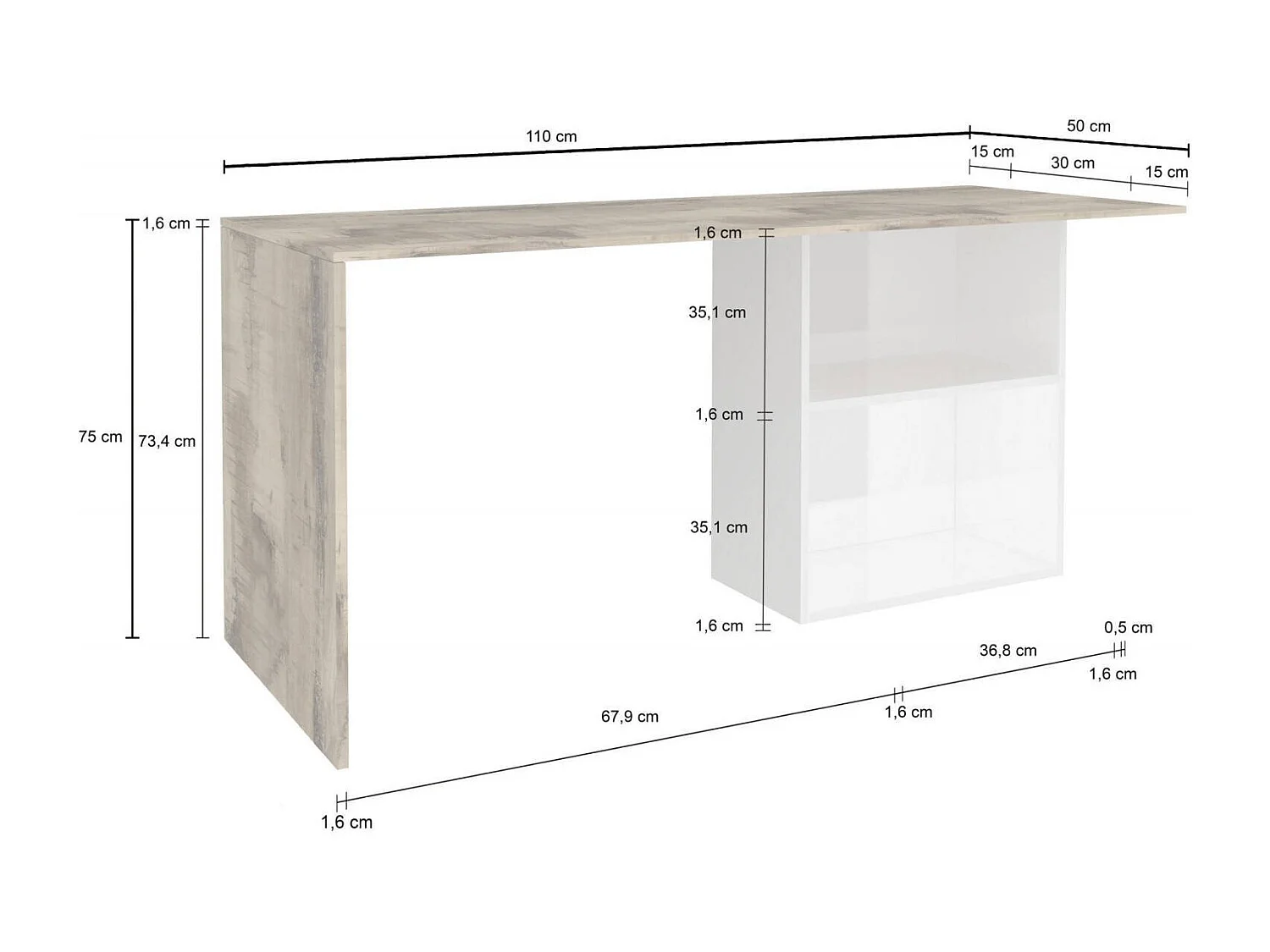 Dmait bureau, Lineair PC-bureau, Multifunctionele kantoortafel, Ruimtebesparend bureau, 100% Made in Italy, 110x50h75 cm, Glanzend wit en esdoorn
