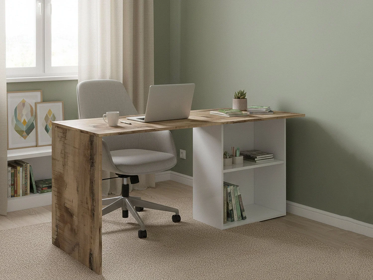 Dmait bureau, Lineair PC-bureau, Multifunctionele kantoortafel, Ruimtebesparend bureau, 100% Made in Italy, 110x50h75 cm, Glanzend wit en esdoorn