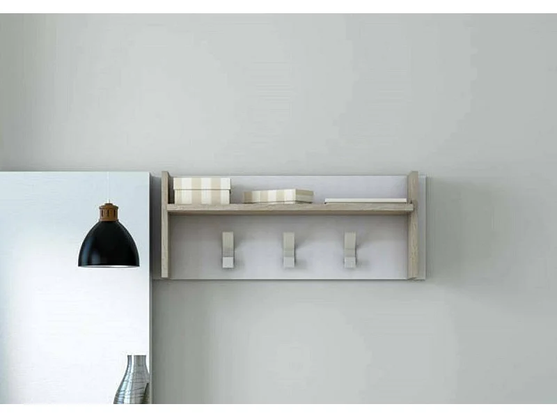 Mobilier d'entrée Dkornvi, Cintre avec 3 crochets, Etagère de rangement d'entrée, 100% Made in Italy, 90x29h34 cm, Blanc et Chêne