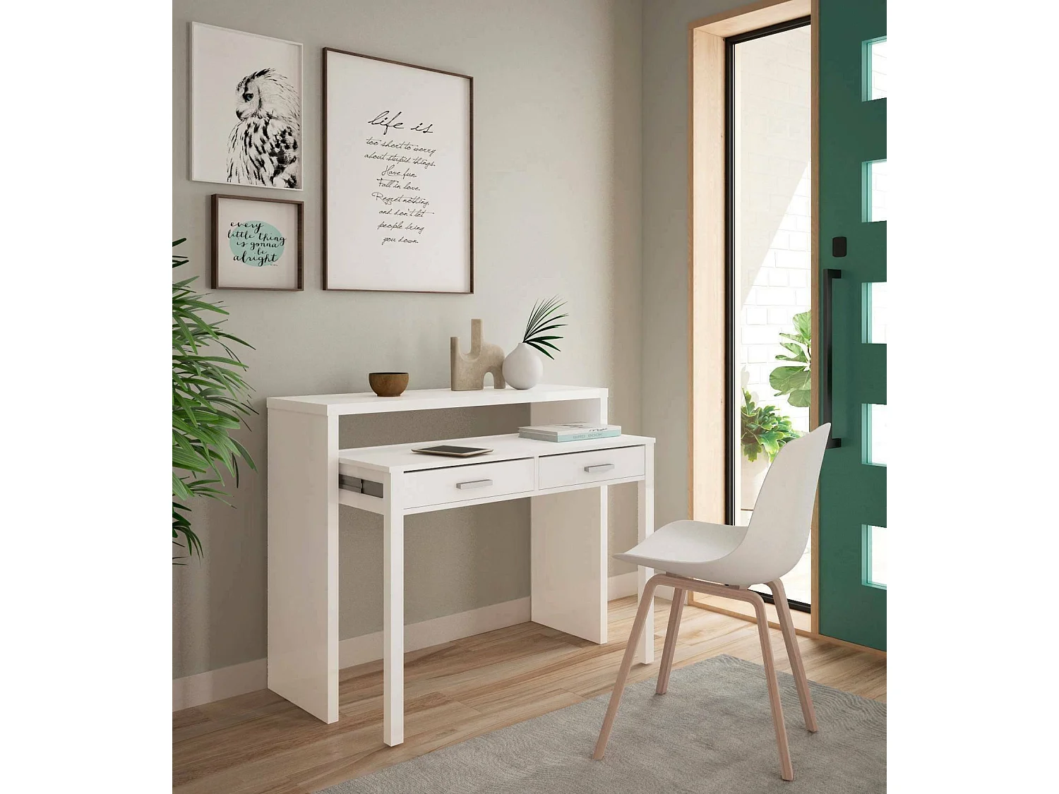 Bureau Damodi, Bureau avec plateau extensible, Bureau PC avec 2 tiroirs, 99x36h88 cm, Blanc