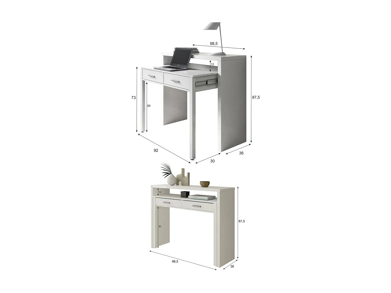 Bureau Damodi, Bureau avec plateau extensible, Bureau PC avec 2 tiroirs, 99x36h88 cm, Blanc