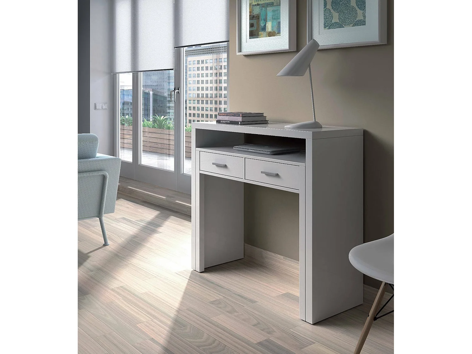Bureau Damodi, Bureau avec plateau extensible, Bureau PC avec 2 tiroirs, 99x36h88 cm, Blanc