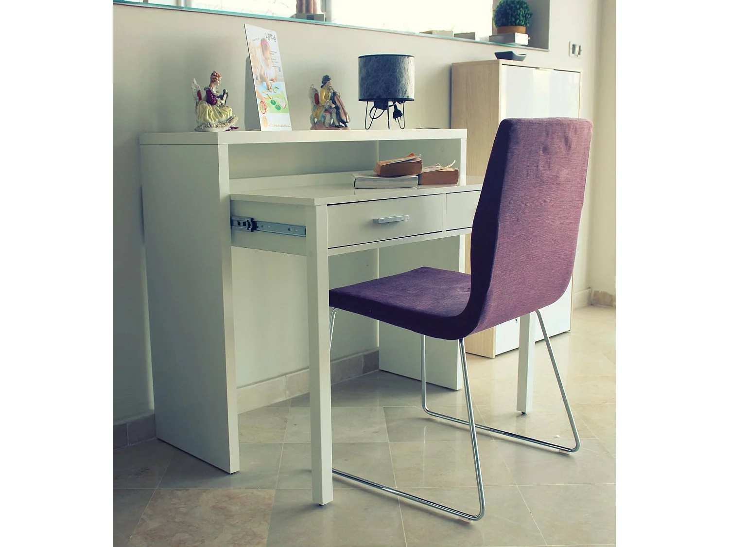 Bureau Damodi, Bureau avec plateau extensible, Bureau PC avec 2 tiroirs, 99x36h88 cm, Blanc