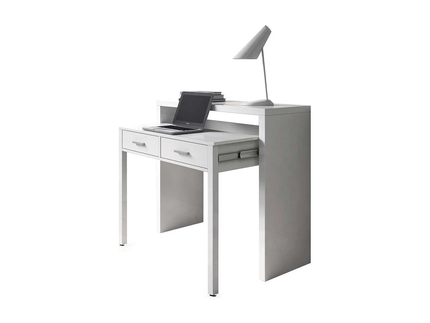 Bureau Damodi, Bureau avec plateau extensible, Bureau PC avec 2 tiroirs, 99x36h88 cm, Blanc