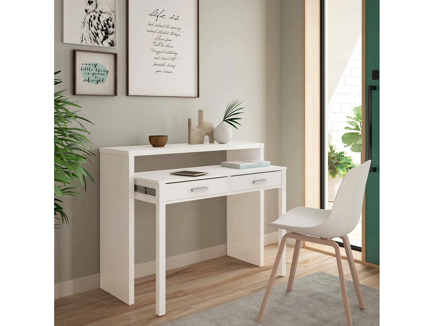 Bureau Damodi, Bureau avec plateau extensible, Bureau PC avec 2 tiroirs, 99x36h88 cm, Blanc