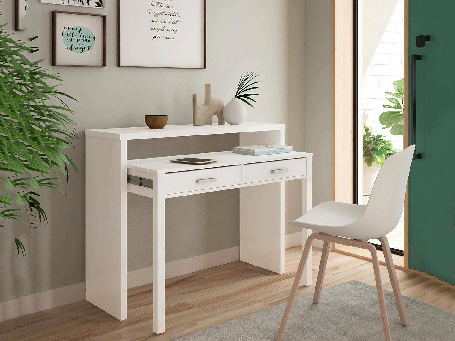 Secretária Damodi, Secretária com tampo extensível, Secretária para PC com 2 gavetas, 99x36h88 cm, Branco